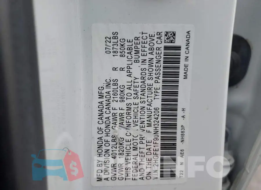2HGFE1F90NH324206 Photo# 12
