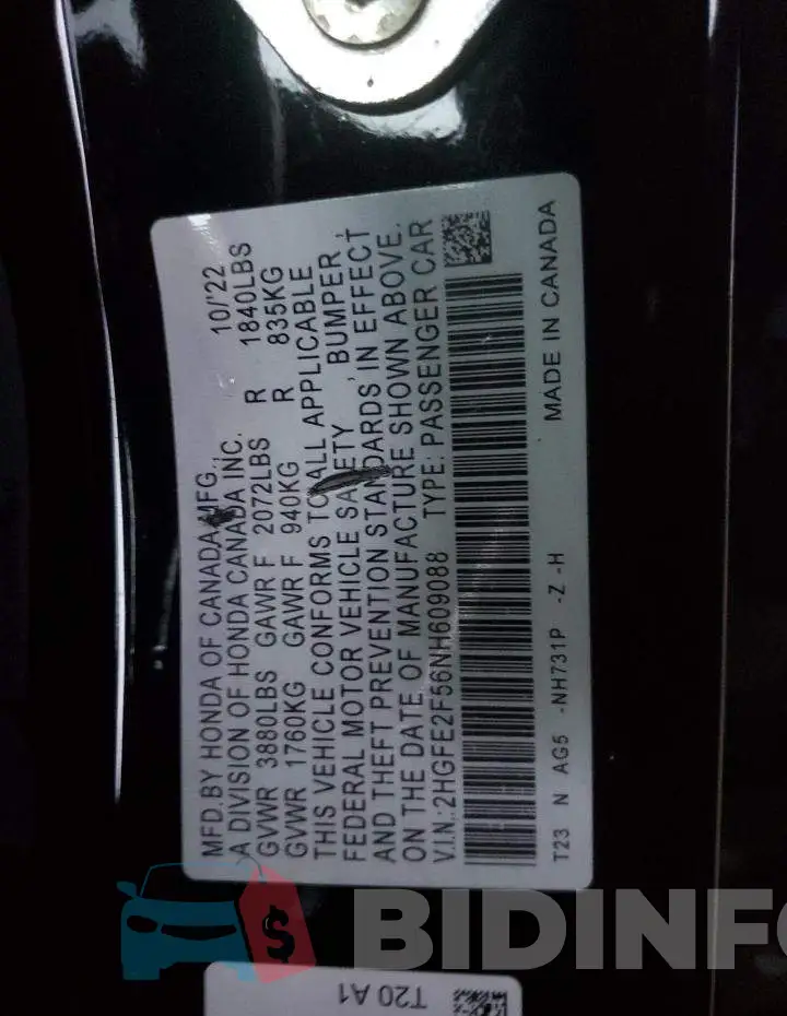 2HGFE2F56NH609088 Photo# 12