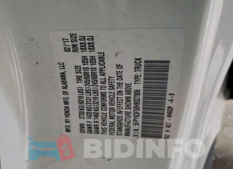 5FPYK3F58HB027906 Photo# 12