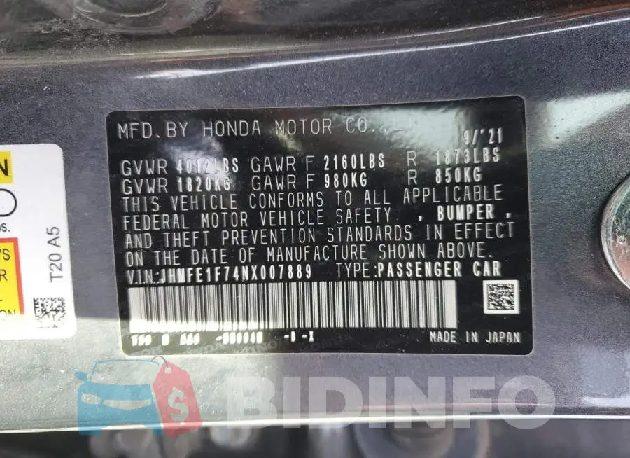 JHMFE1F74NX007889 Photo# 12