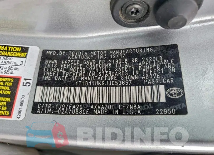 4T1B11HK9JU053657 Photo# 13