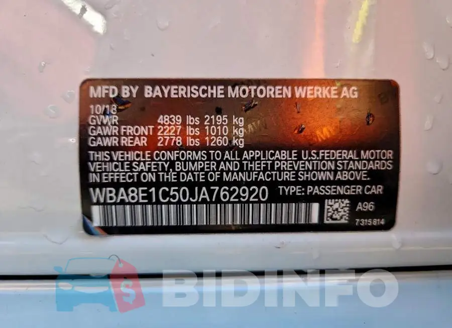 WBA8E1C50JA762920 Photo# 12