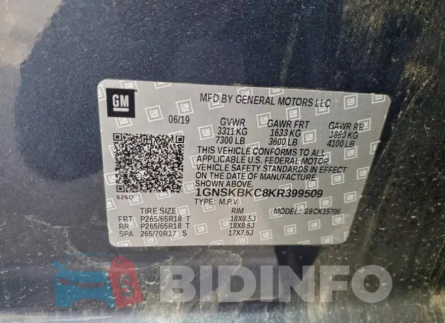 1GNSKBKC8KR399509 Photo# 14
