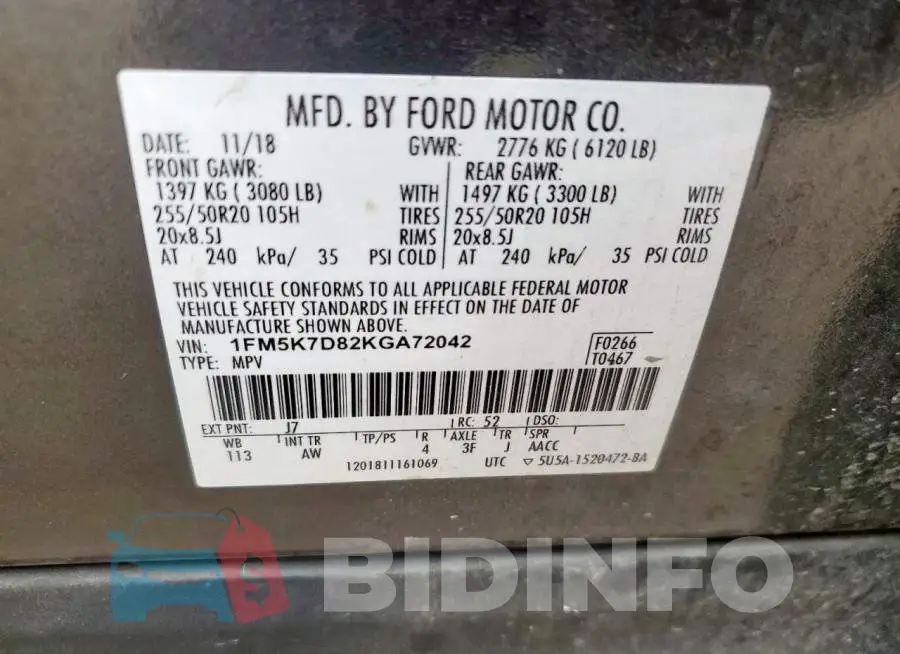 1FM5K7D82KGA72042 Photo# 13