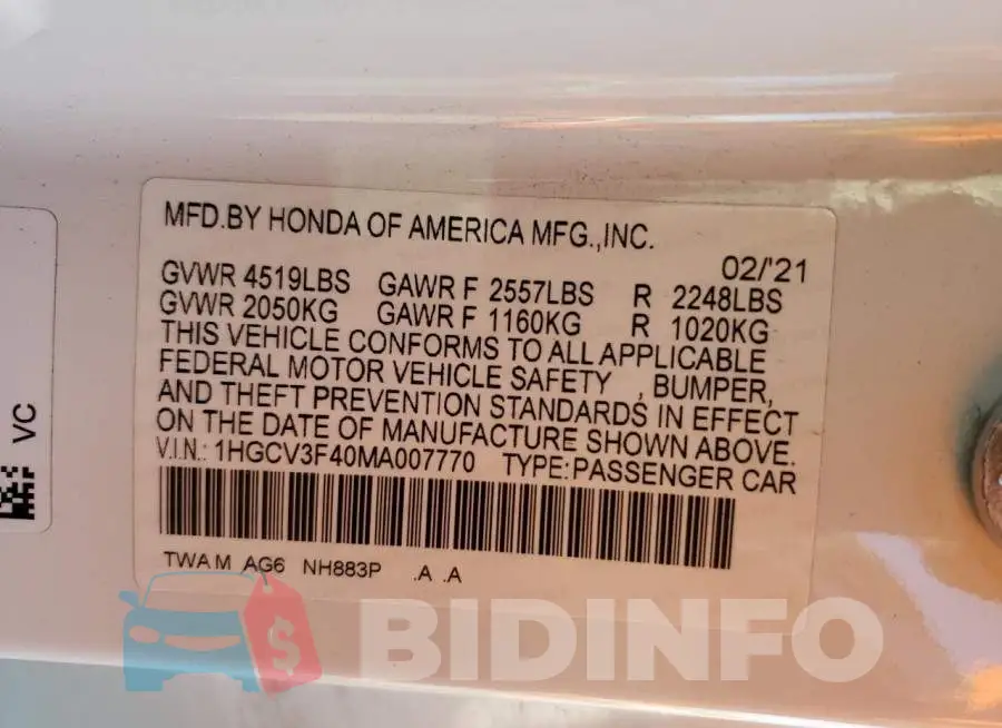 1HGCV3F40MA007770 Photo# 12