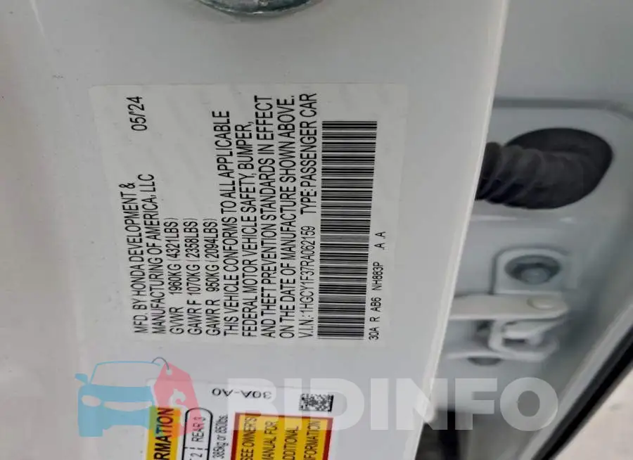1HGCY1F37RA062159 Photo# 13