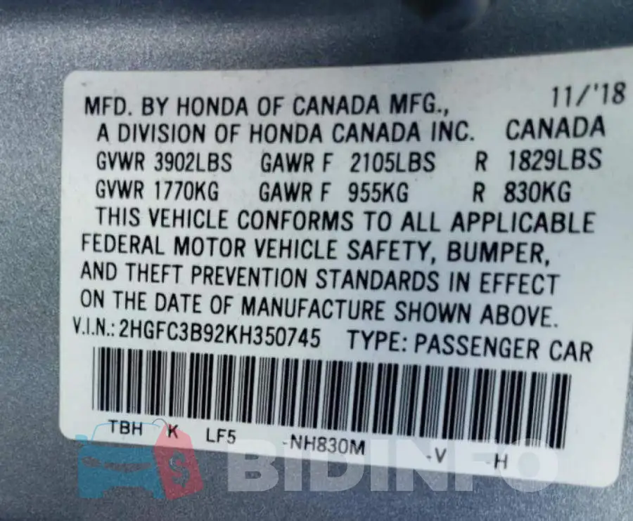 2HGFC3B92KH350745 Photo# 13