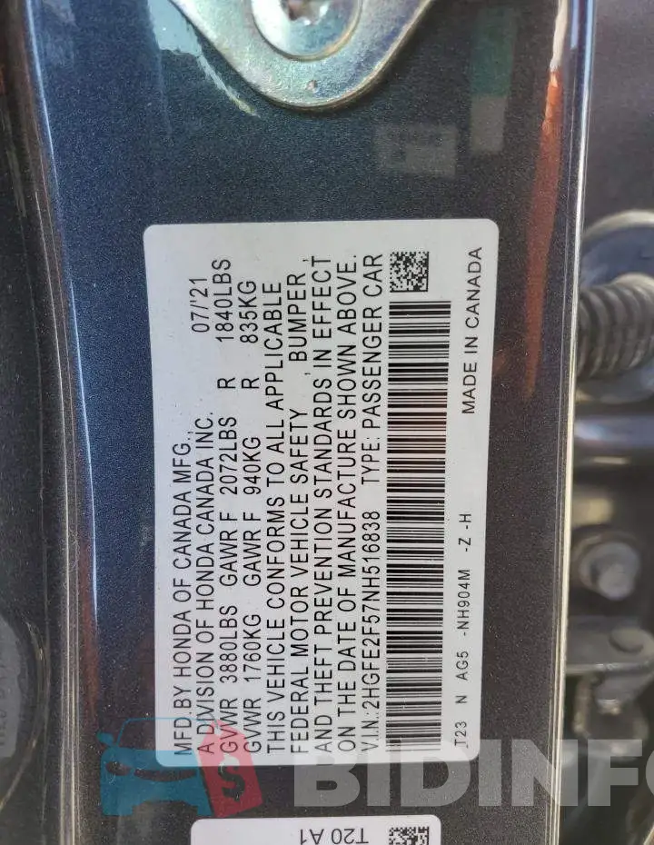 2HGFE2F57NH516838 Photo# 12
