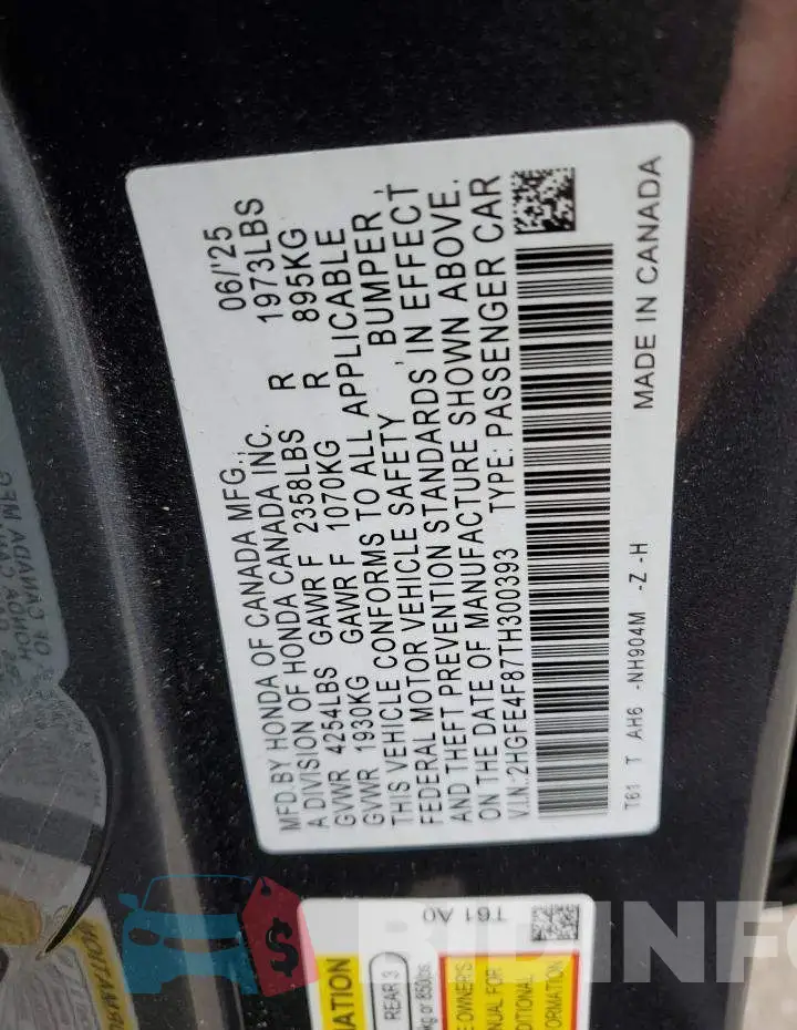2HGFE4F87TH300393 Photo# 12