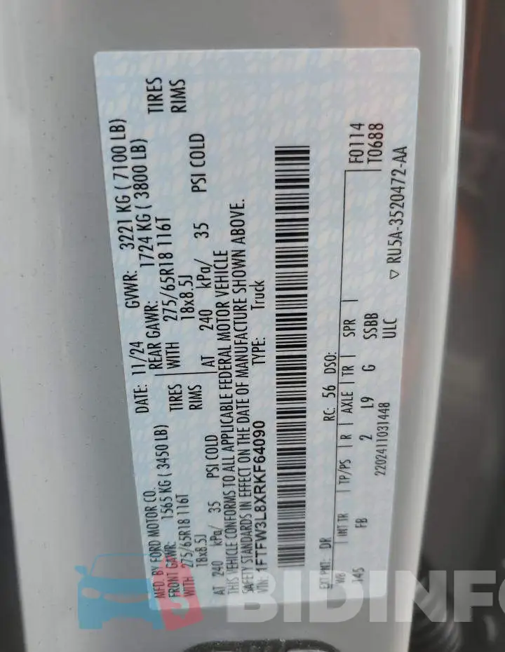 1FTFW3L8XRKF64090 Photo# 12