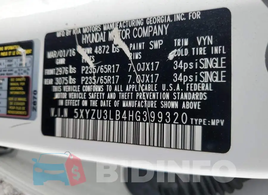 5XYZU3LB4HG399320 Photo# 13