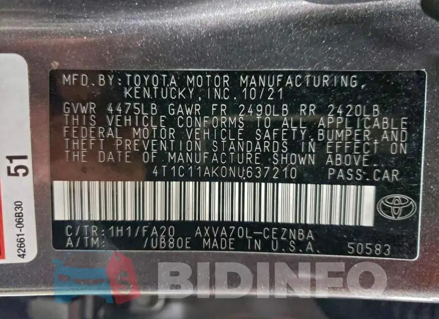 4T1C11AK0NU637210 Photo# 12
