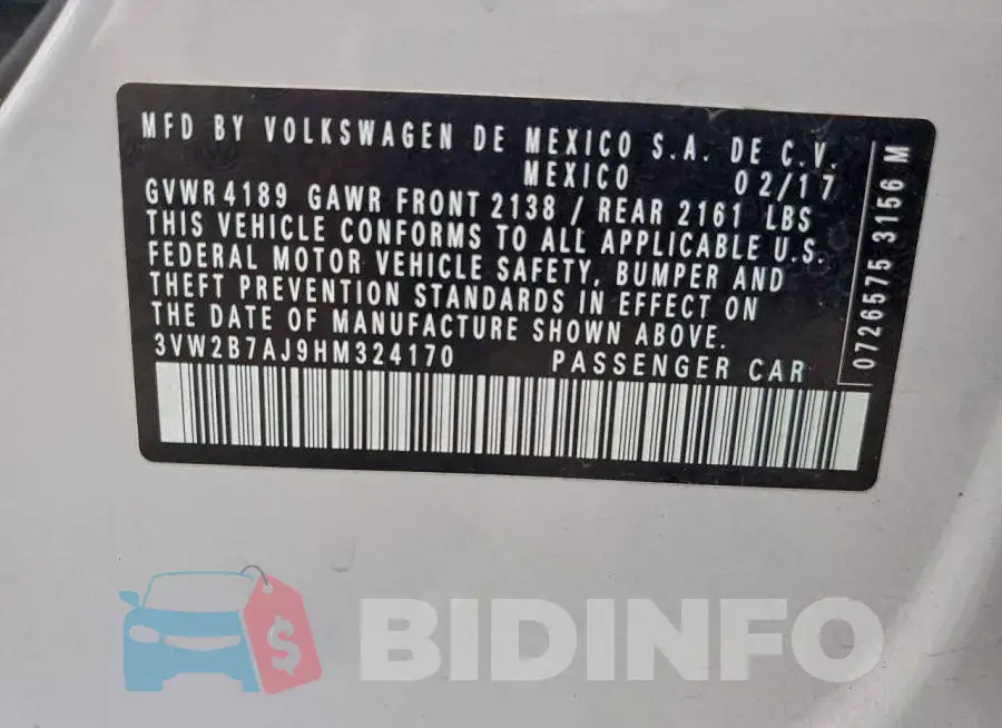 3VW2B7AJ9HM324170 Photo# 12