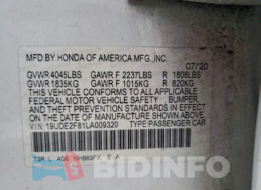 19UDE2F81LA009320 Photo# 13