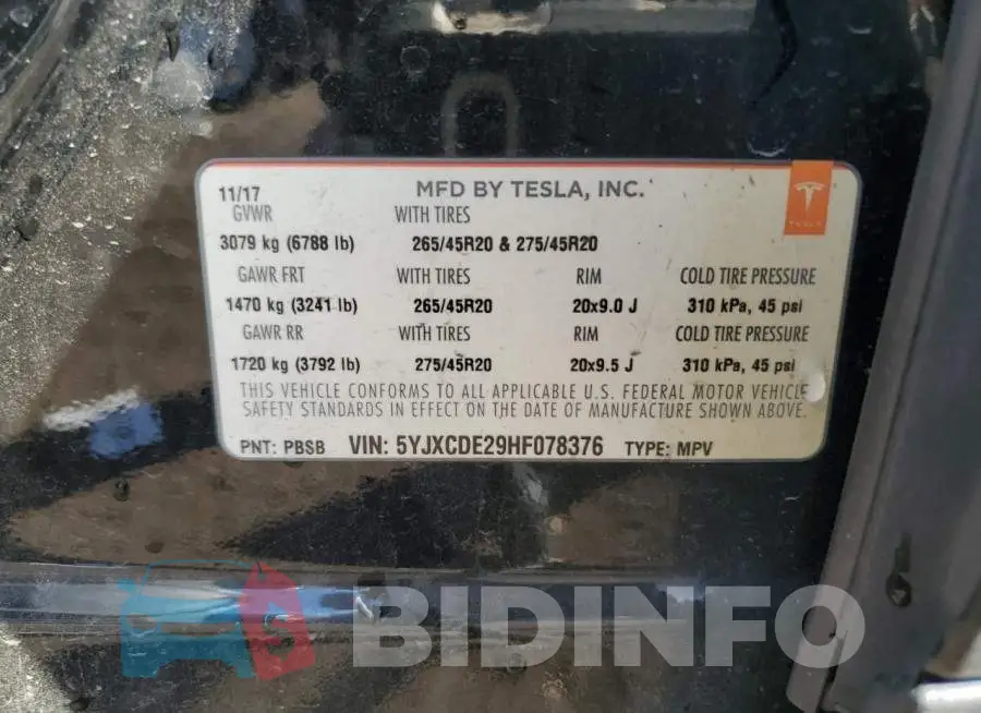 5YJXCDE29HF078376 Photo# 14