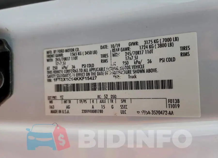 1FTEX1C54KKF15427 Photo# 12