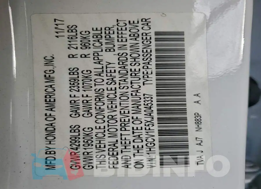 1HGCV1F5XJA045337 Photo# 12