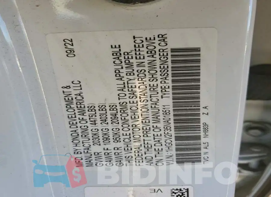 1HGCV2F35NA018511 Photo# 12