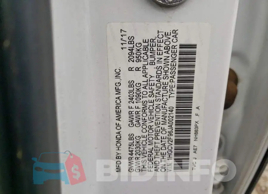 1HGCV2F96JA002140 Photo# 13