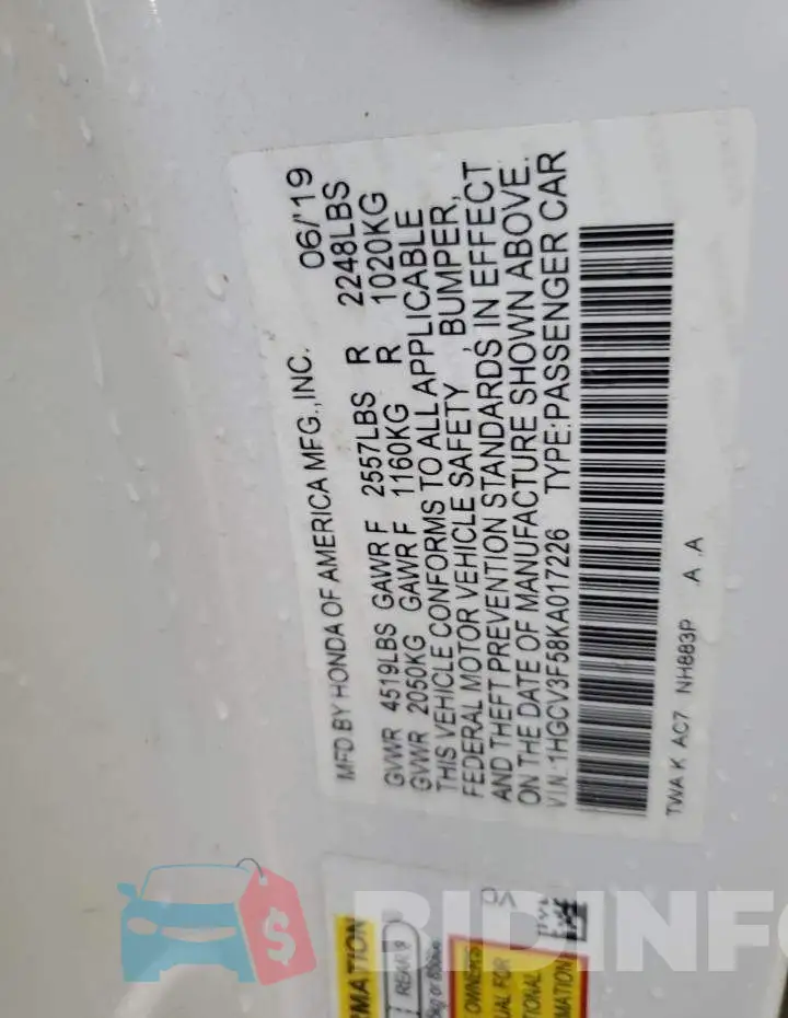 1HGCV3F58KA017226 Photo# 12