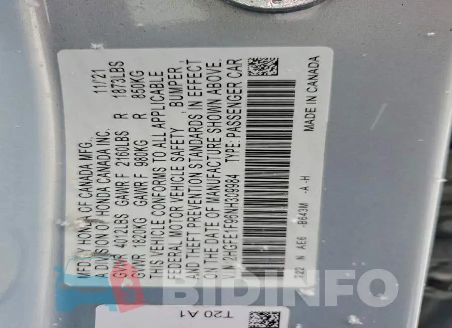 2HGFE1F96NH309984 Photo# 12