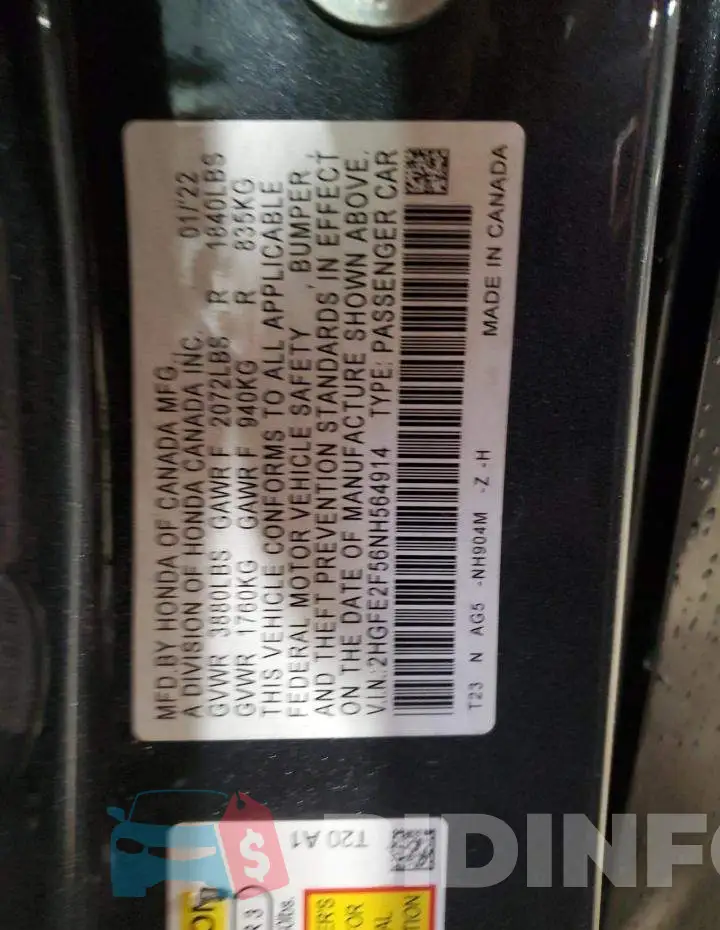 2HGFE2F56NH564914 Photo# 12
