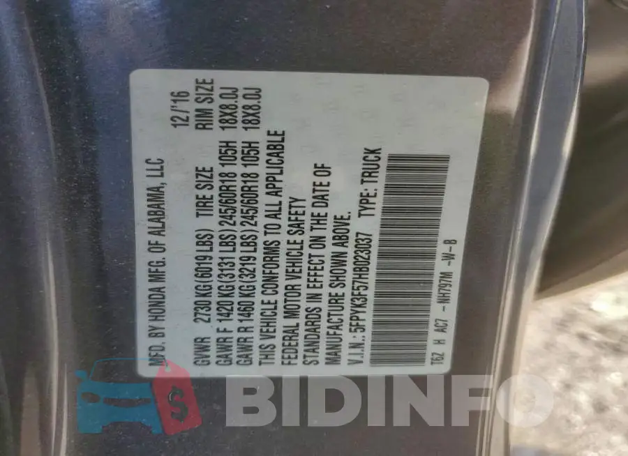 5FPYK3F57HB023037 Photo# 12