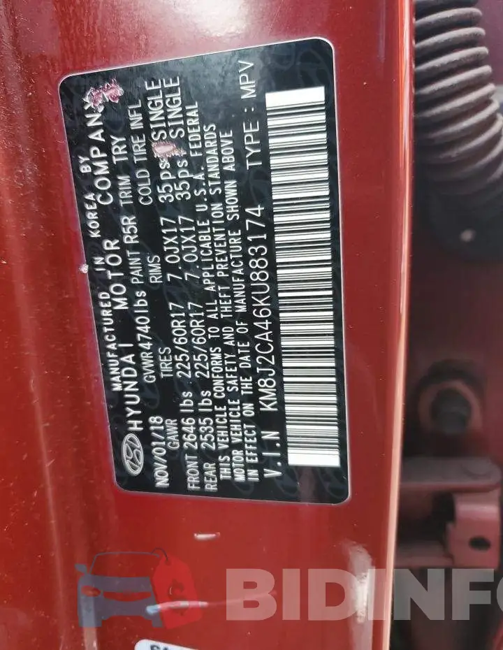 KM8J2CA46KU883174 Photo# 12