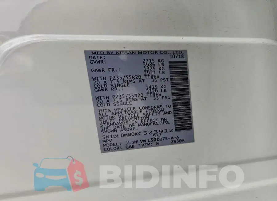 5N1DL0MM0KC523912 Photo# 13
