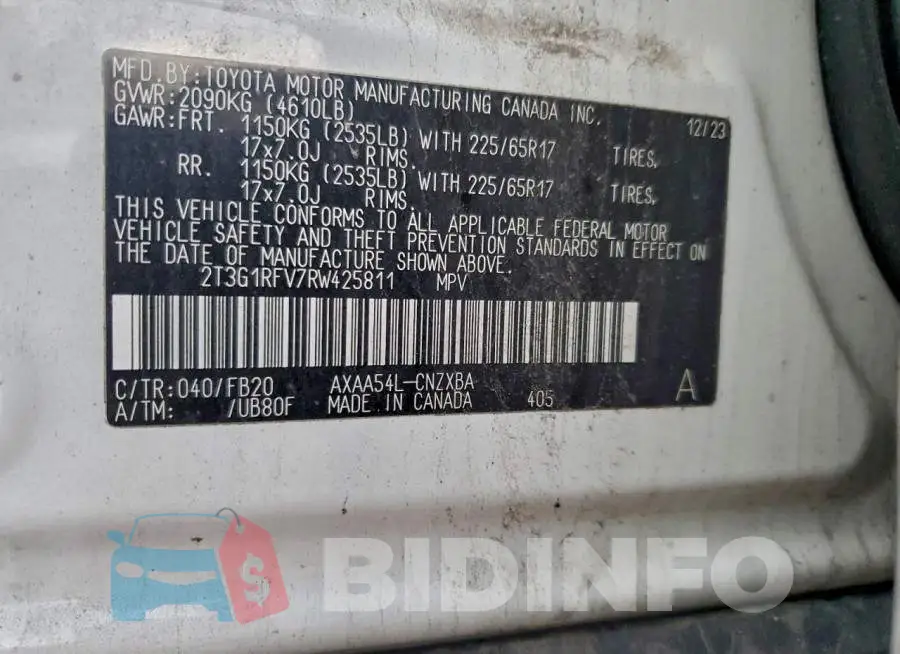 2T3G1RFV7RW425811 Photo# 12