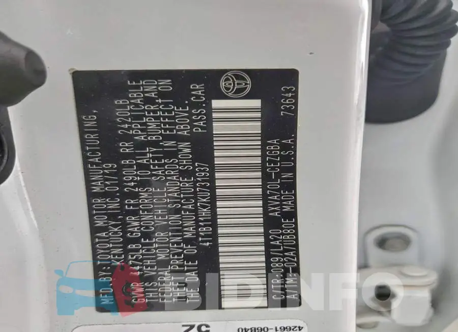 4T1B11HK7KU731937 Photo# 12