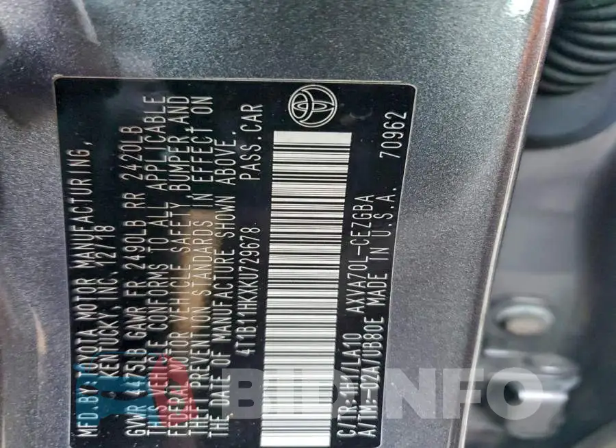 4T1B11HKXKU729678 Photo# 12