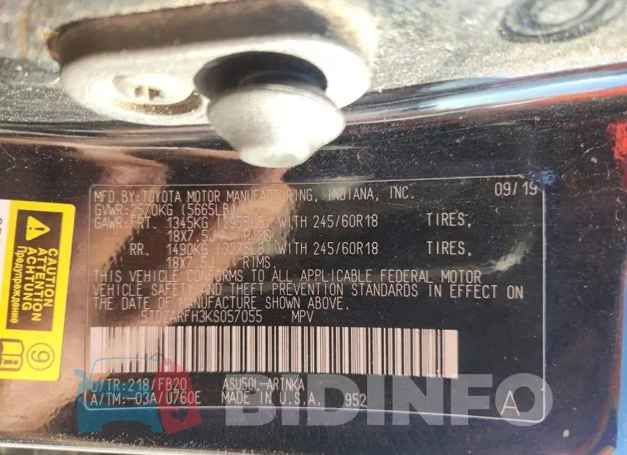 5TDZARFH3KS057055 Photo# 13