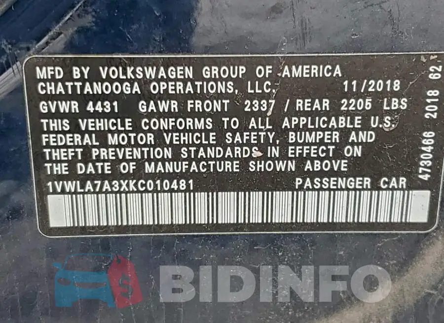 1VWLA7A3XKC010481 Photo# 12