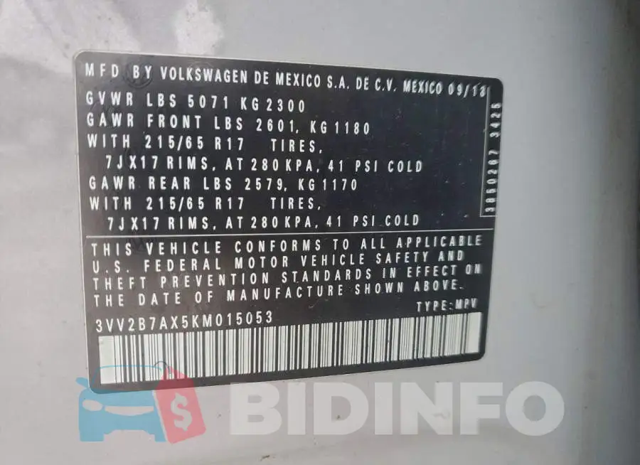 3VV2B7AX5KM015053 Photo# 13