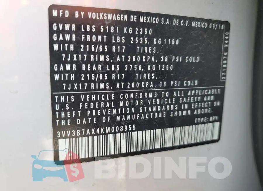 3VV3B7AX4KM008955 Photo# 13