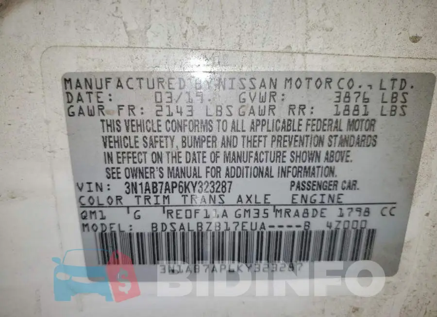 3N1AB7AP6KY323287 Photo# 12