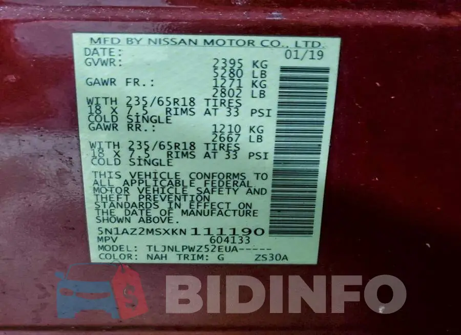 5N1AZ2MSXKN111190 Photo# 13