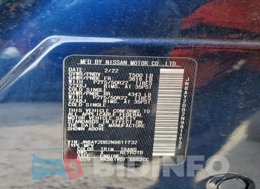 JN8AY2DB2N9811732 Photo# 13