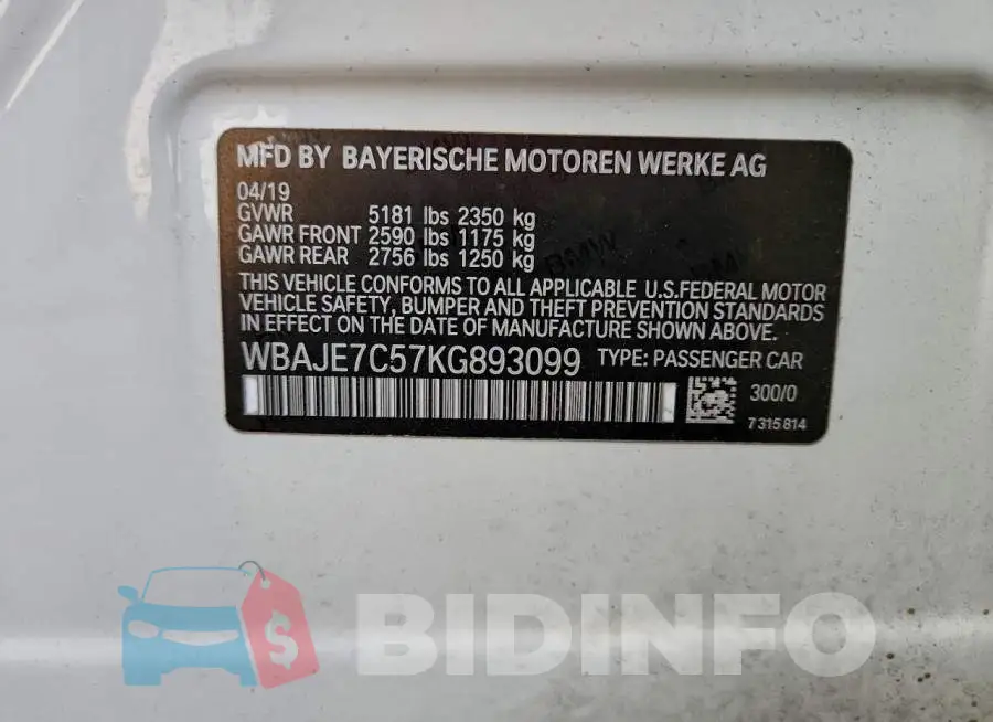 WBAJE7C57KG893099 Photo# 12