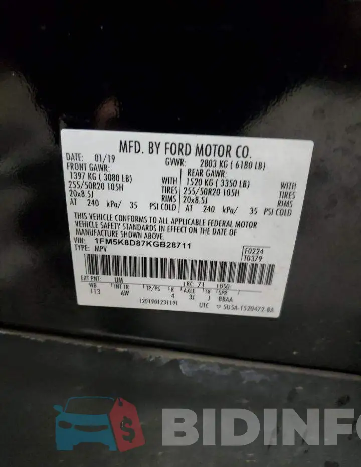 1FM5K8D87KGB28711 Photo# 13