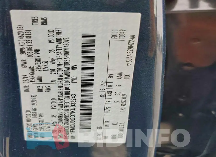 1FMCU0GD7KUB33243 Photo# 14