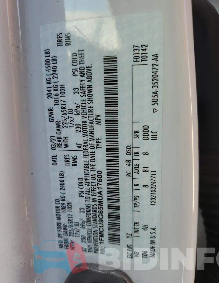 1FMCU9G65MUA17600 Photo# 12