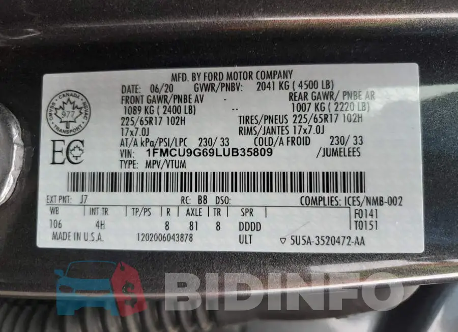 1FMCU9G69LUB35809 Photo# 14