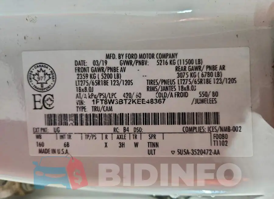 1FT8W3BT2KEE48367 Photo# 12