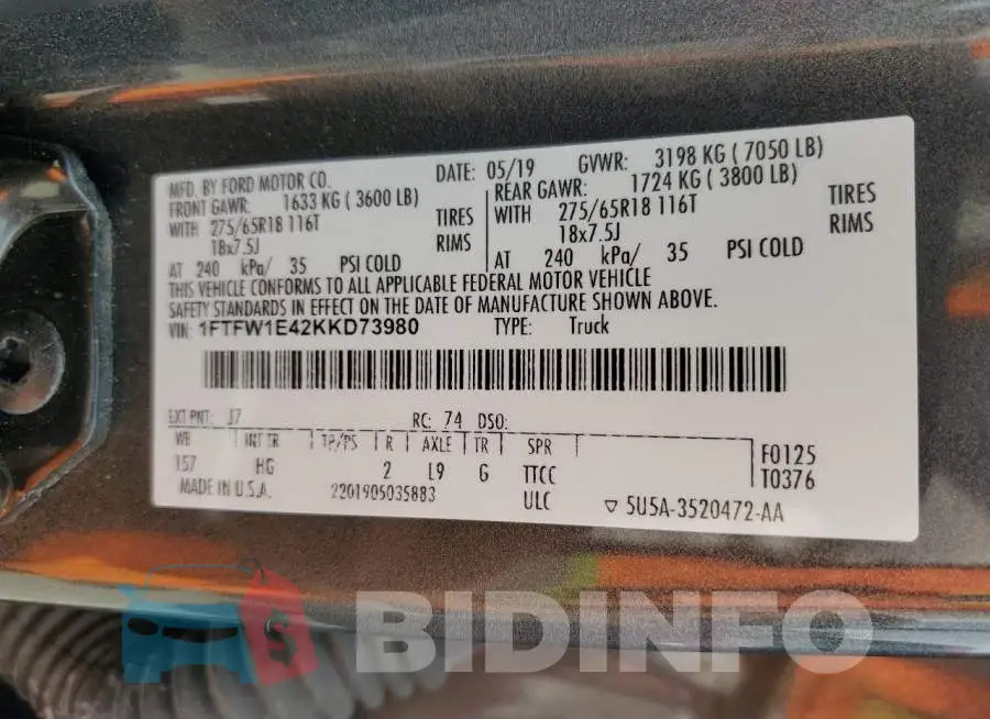 1FTFW1E42KKD73980 Photo# 12