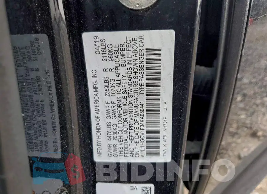 1HGCV1F34KA080441 Photo# 12