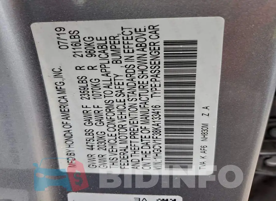 1HGCV1F38KA133416 Photo# 12