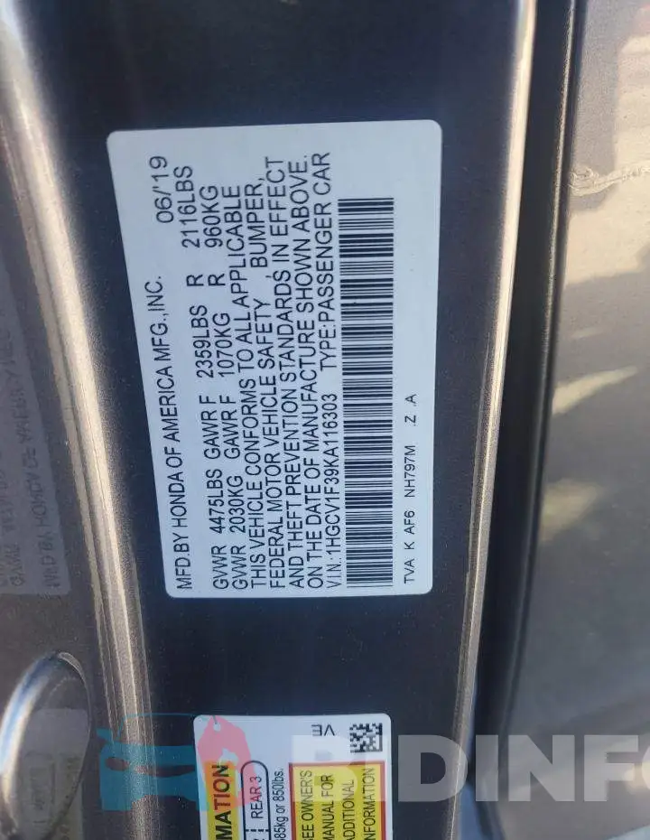 1HGCV1F39KA116303 Photo# 12