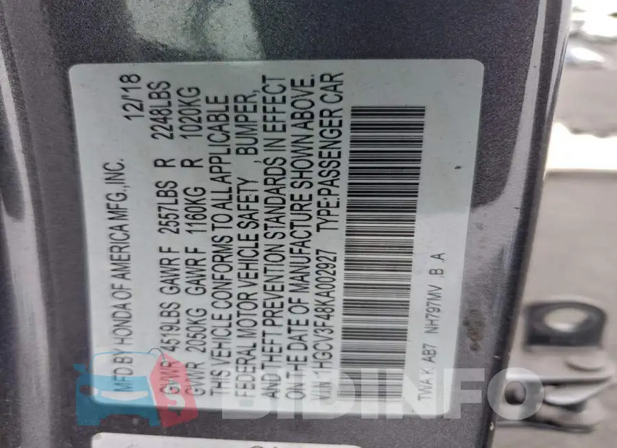 1HGCV3F48KA002927 Photo# 12